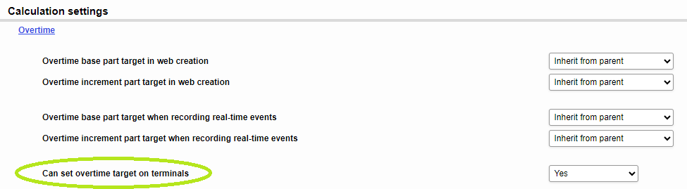 Can set overtime target on terminals setting under Calculation settings and Overtime titles